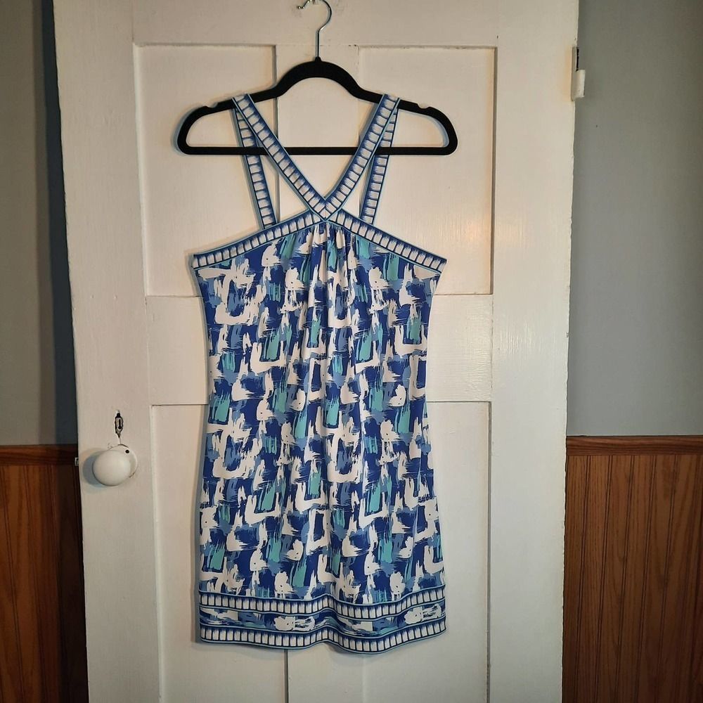 BCBG Blue White Sleeveless Abstract Pocketed Shift Dress XS